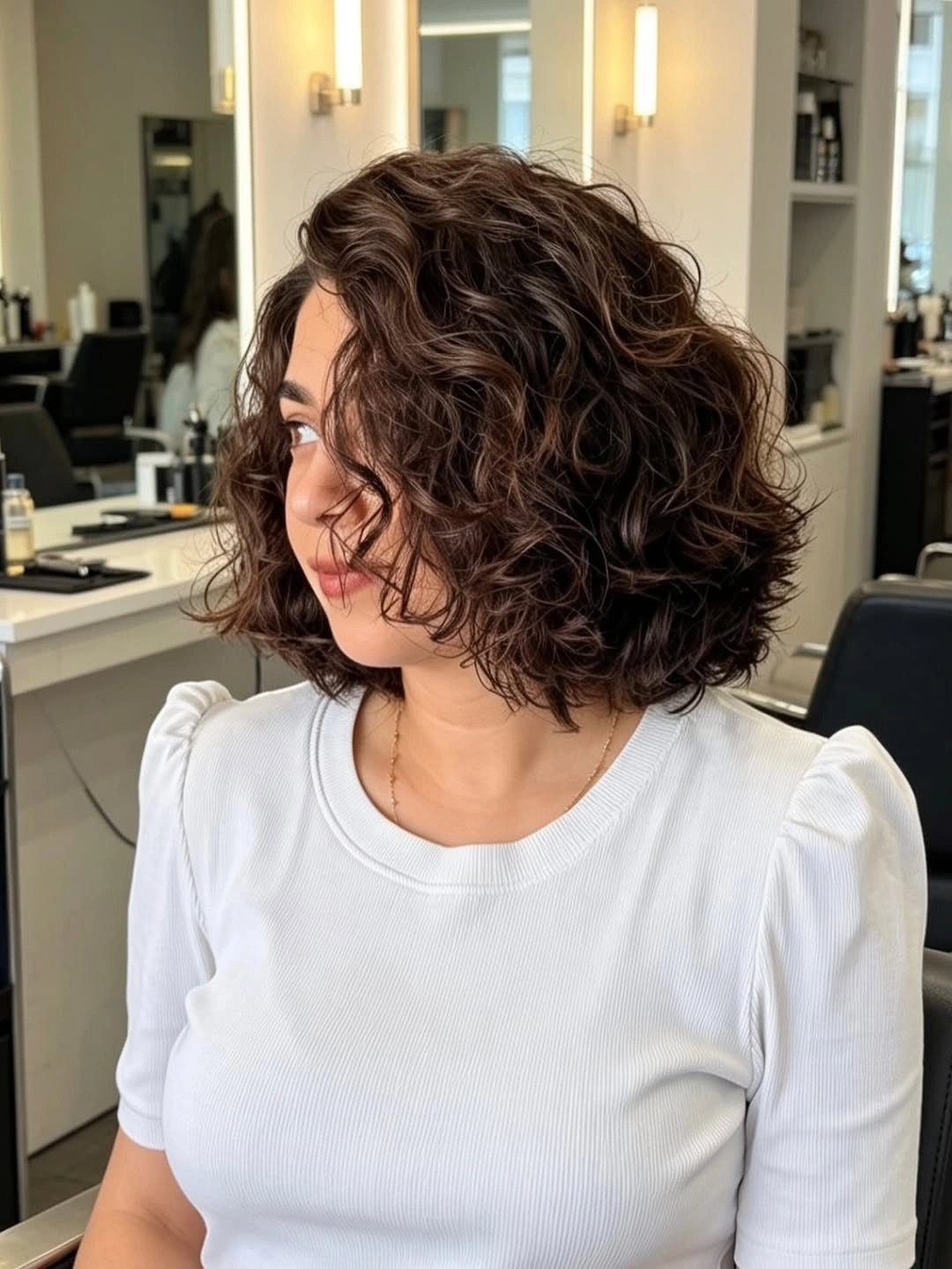 Dark wavy bob with side part in salon