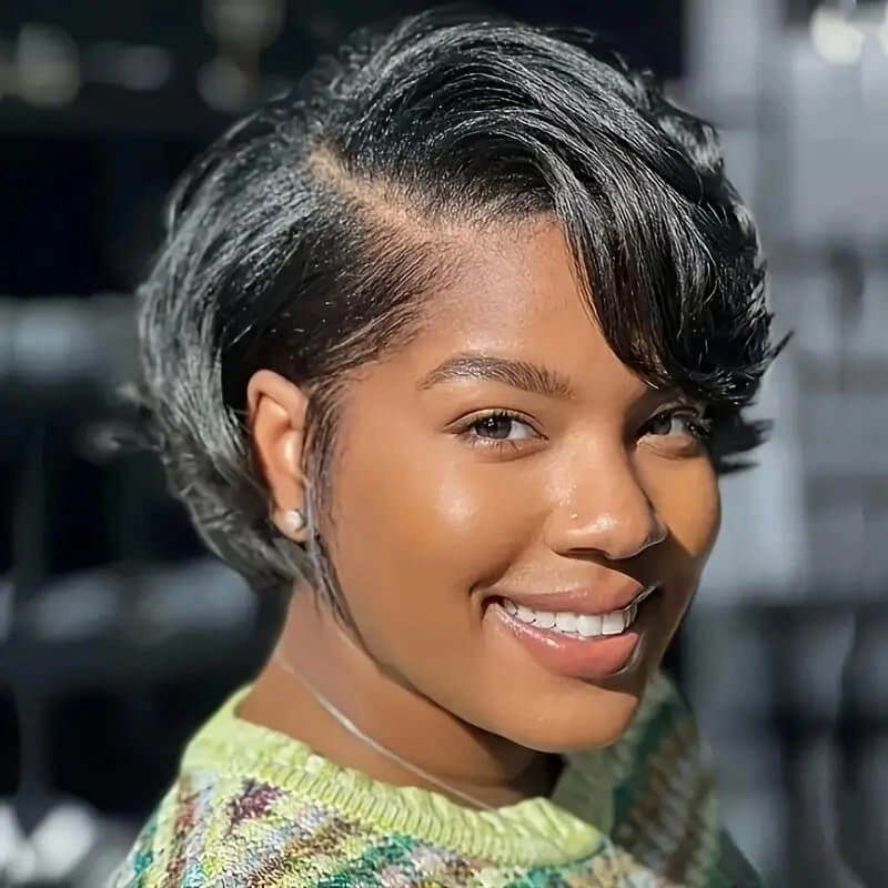Side-parted wavy short bob with tucked side