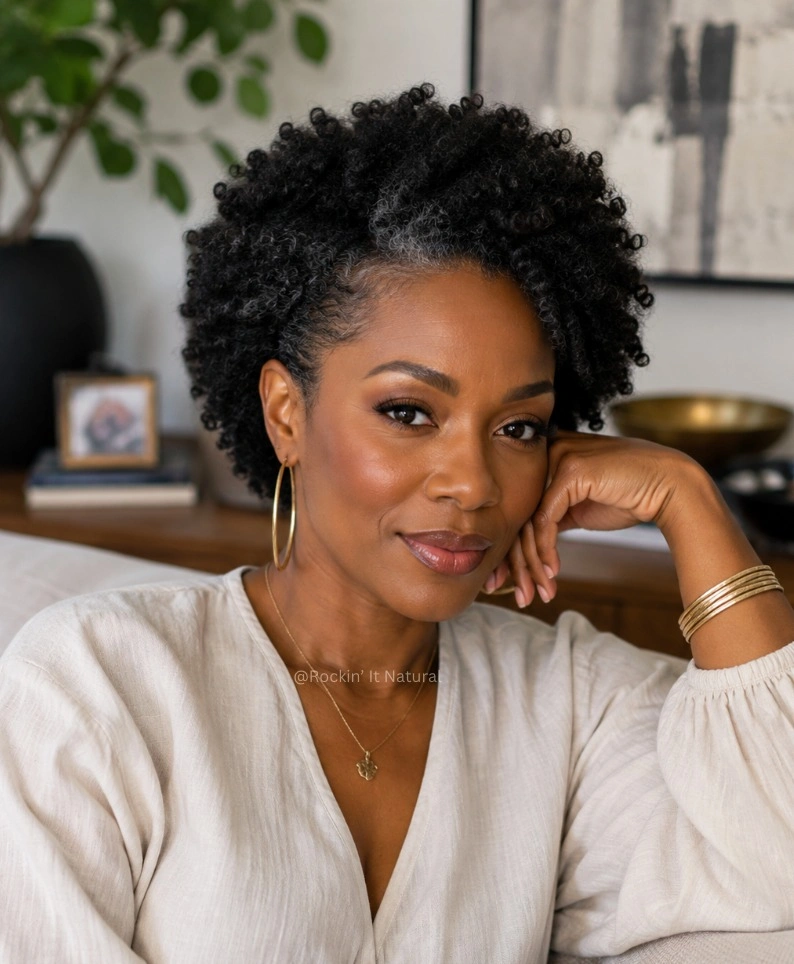 Side-swept natural curls with tapered side and gold hoops