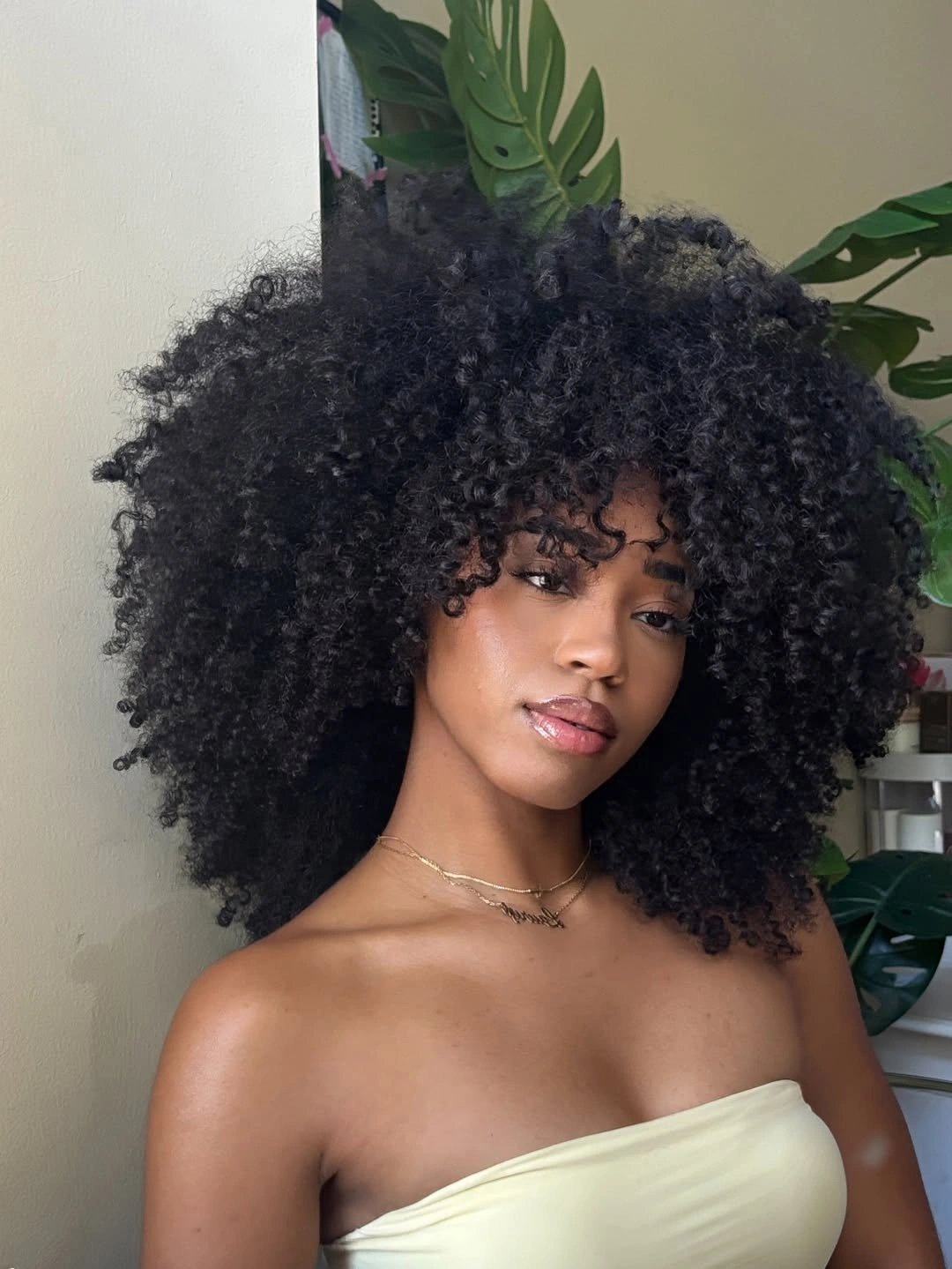 Large voluminous afro with curly bangs and pale top