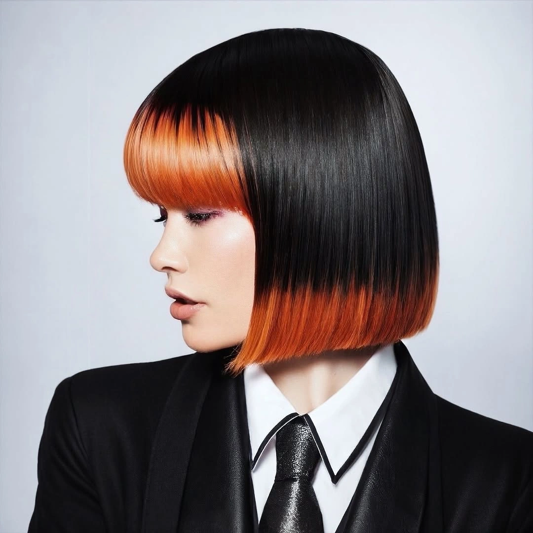 Sleek black blunt bob with orange bangs and ends