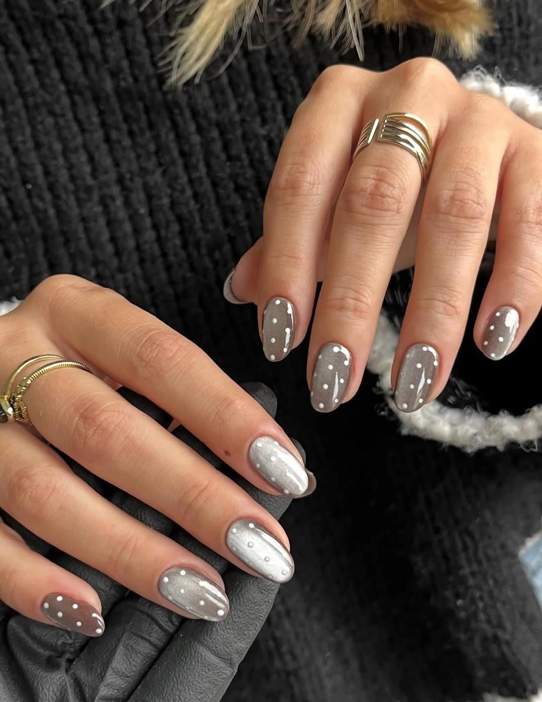 Oval taupe and pearly silver nails with white dots