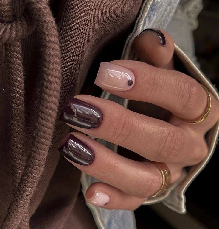 Square plum brown chrome nails with nude pink accents