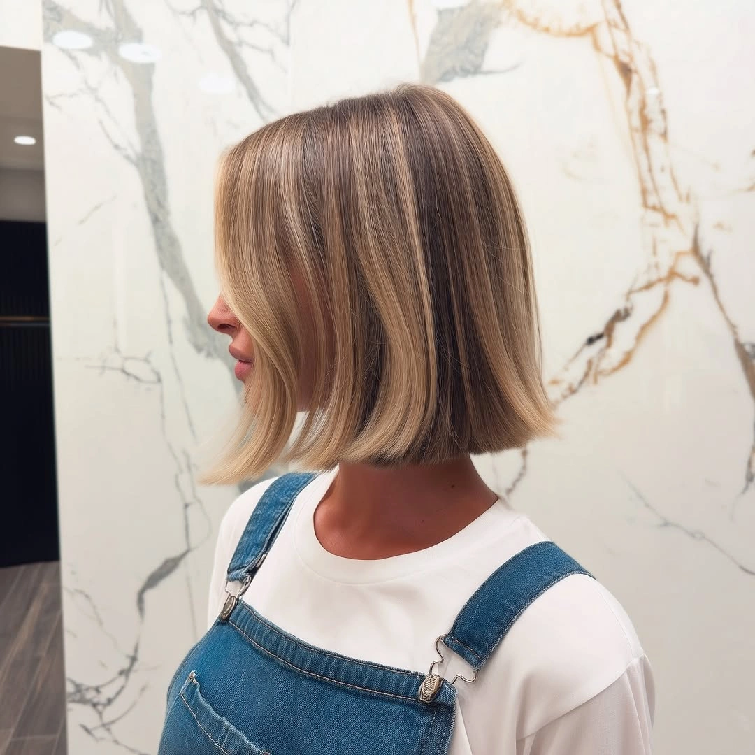 Short sandy blonde bob with darker interior lowlights