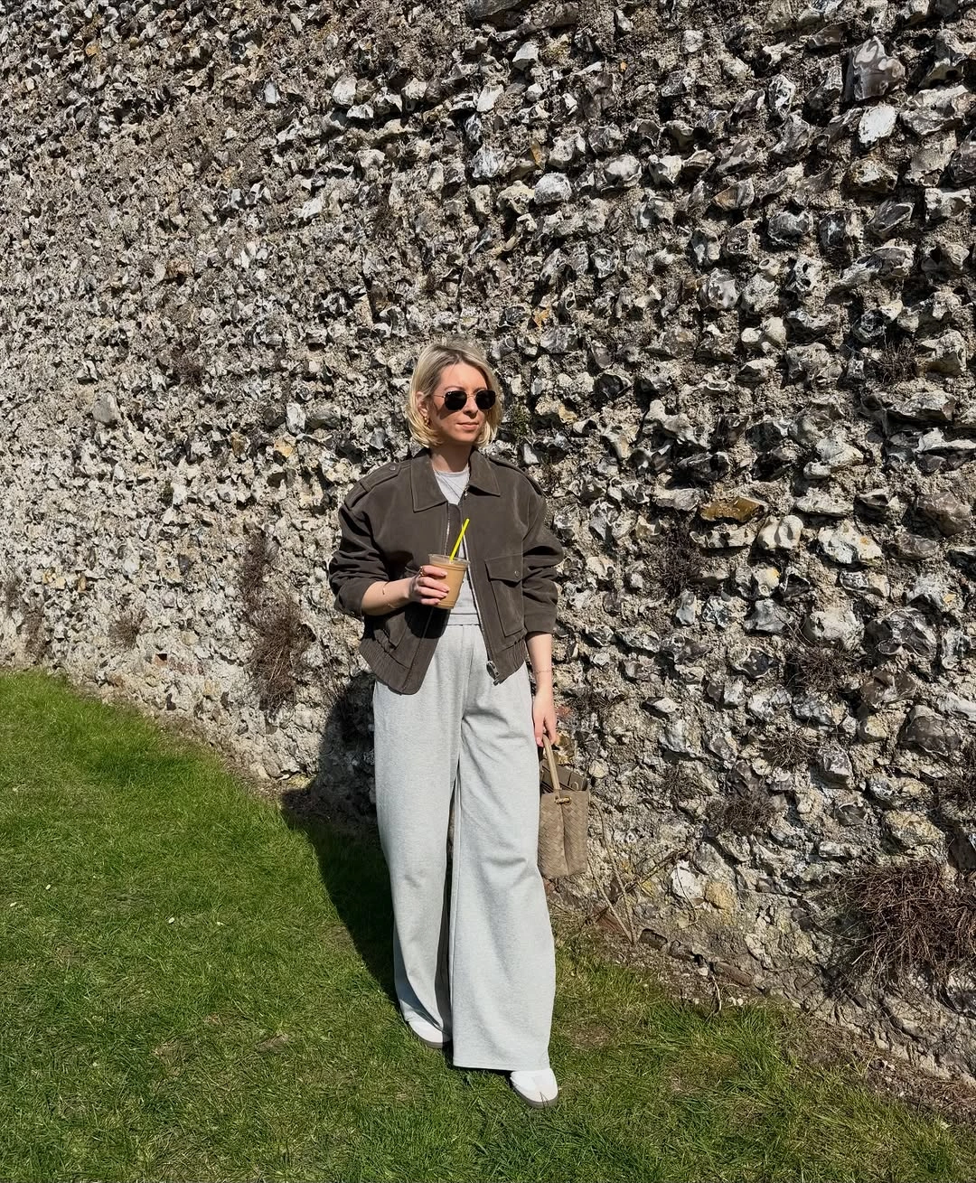 Dark cropped jacket with pale wide trousers