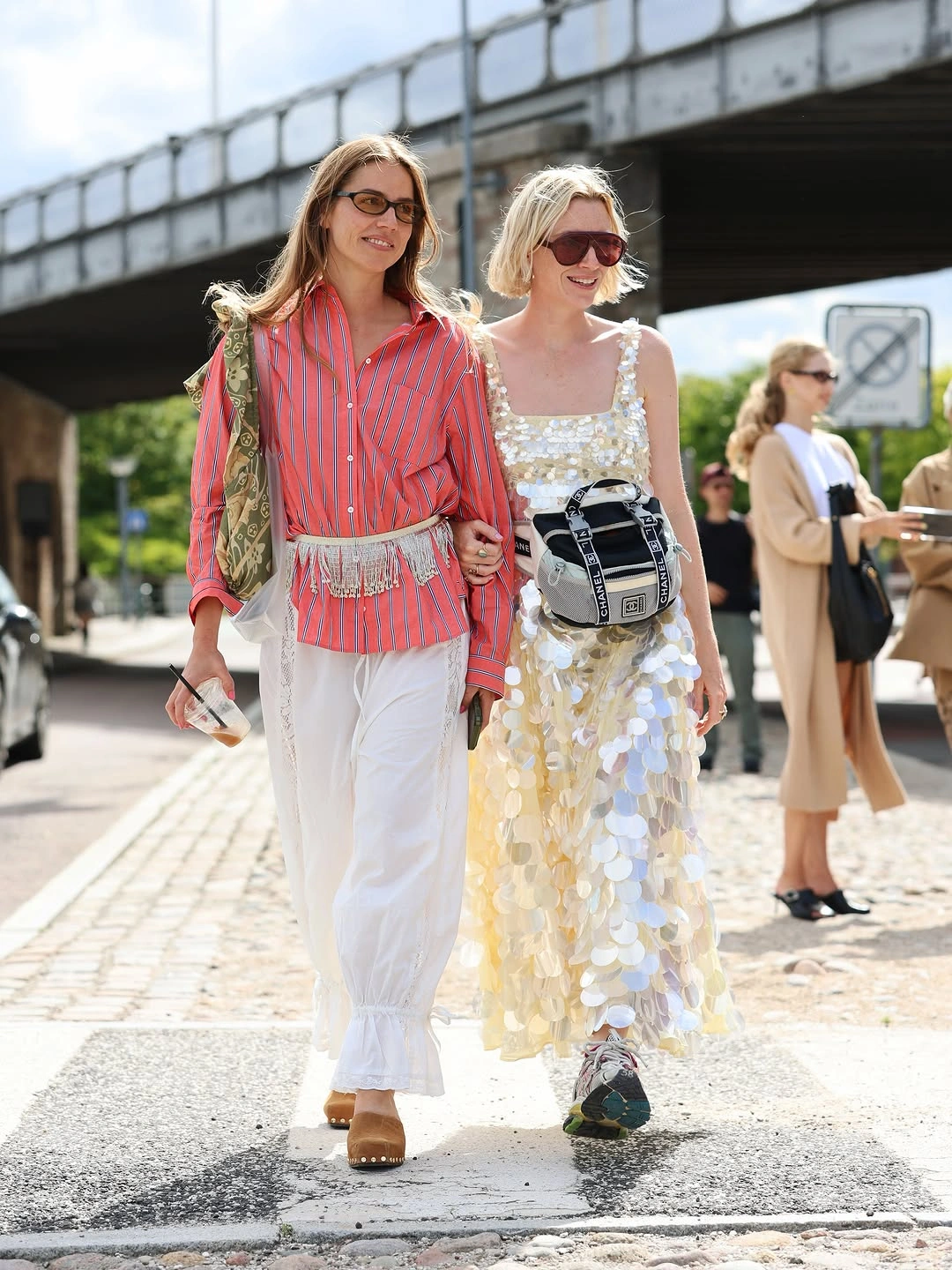 Striped shirt and paillette dress in sunny street looks