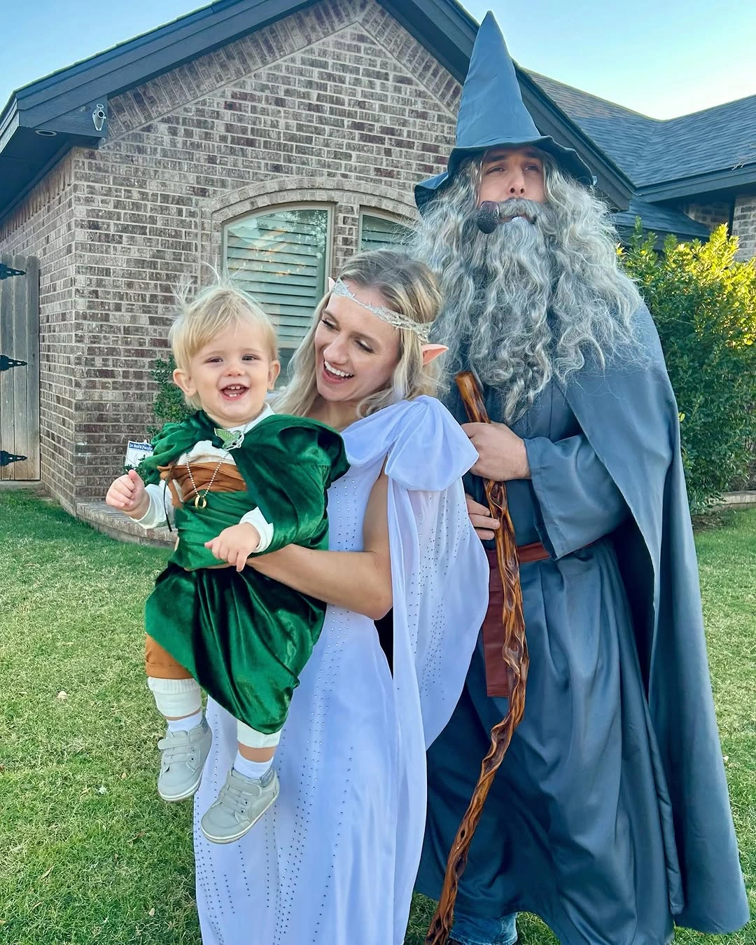 Blue robe and pale dress with bright green child costume