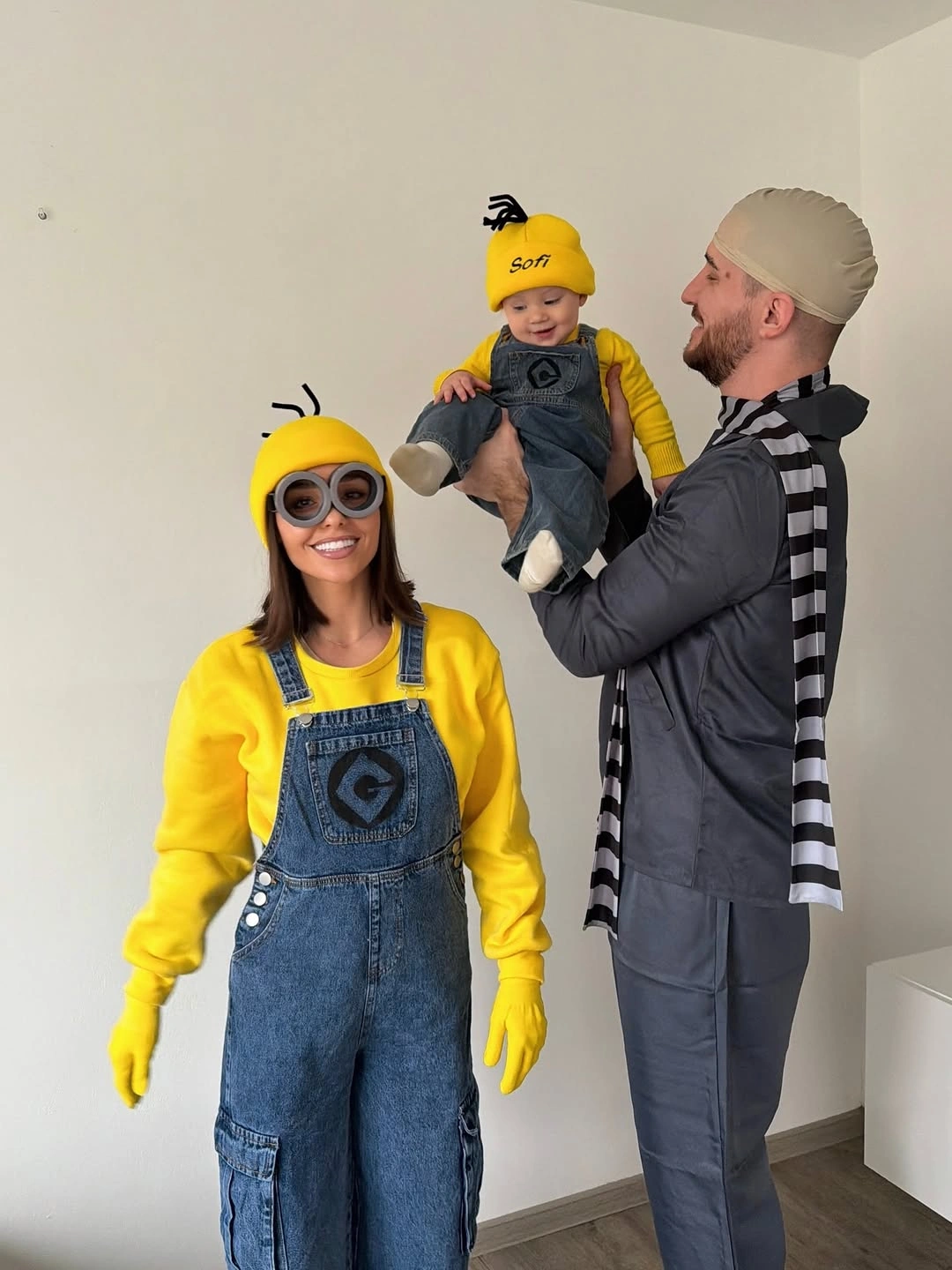Yellow and denim family costumes with gray accents
