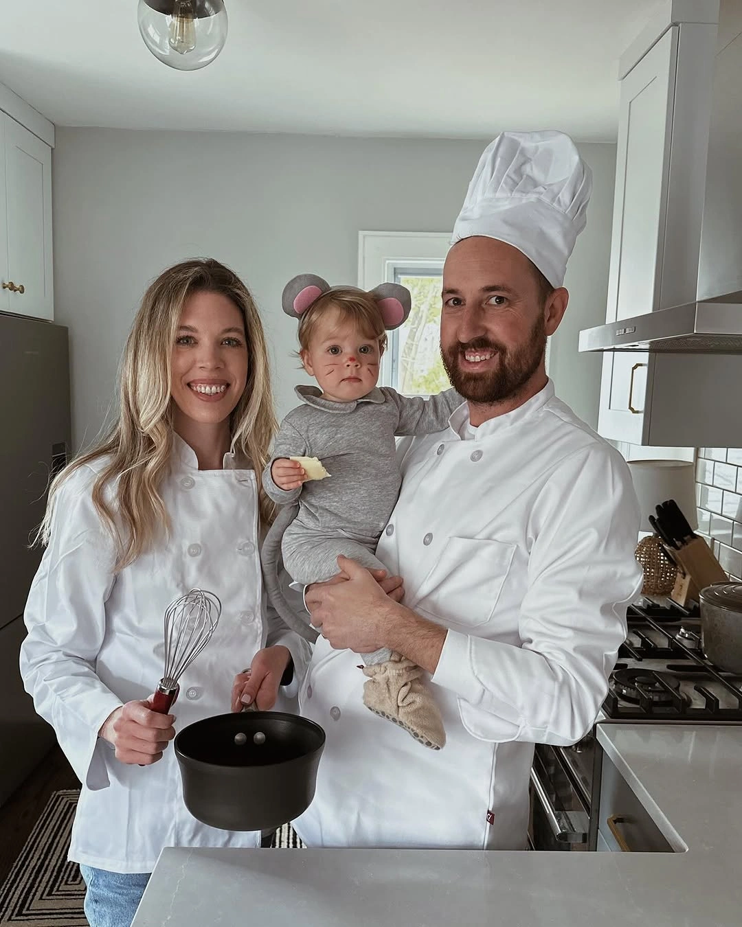 Matching white adult tops with gray child costume detail