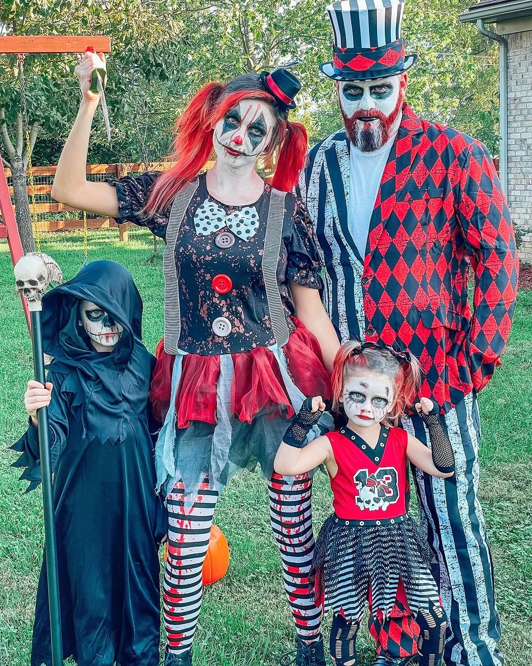 Red black diamond and striped family costume group