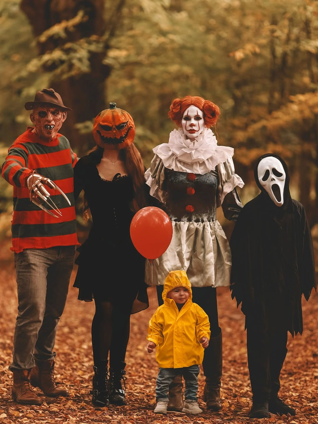 White draped outfit beside orange patterned family costume