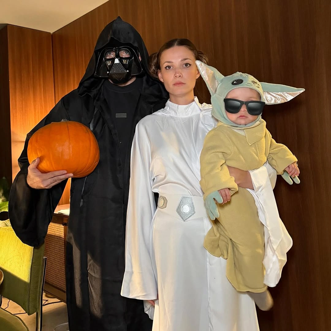 Simple white adult layers with gray child Halloween look