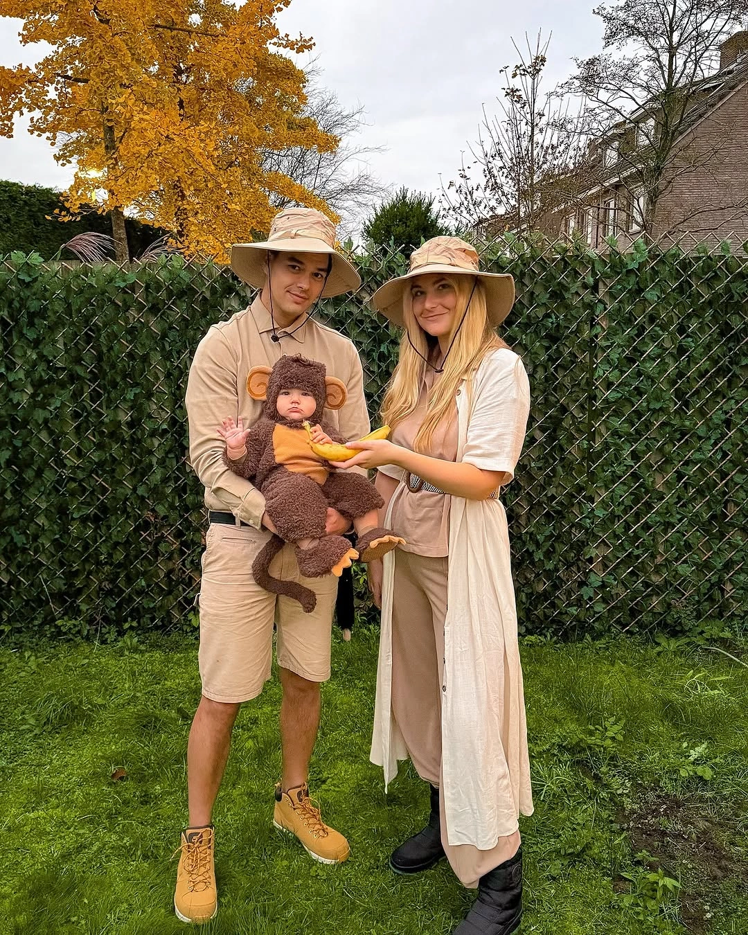 Beige family Halloween costumes with matching brimmed hats