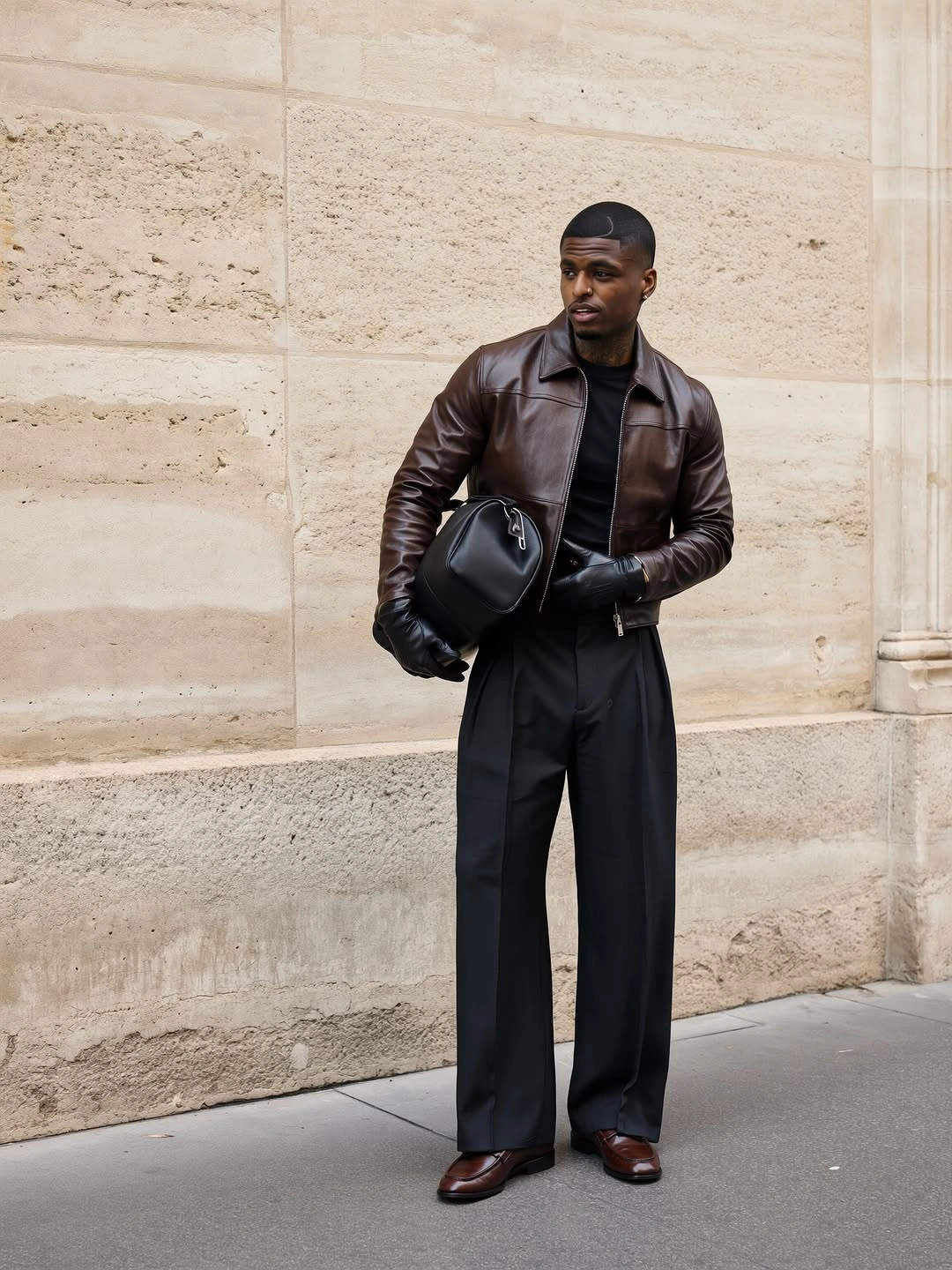 Man in chocolate jacket, black gloves, broad trousers and loafers
