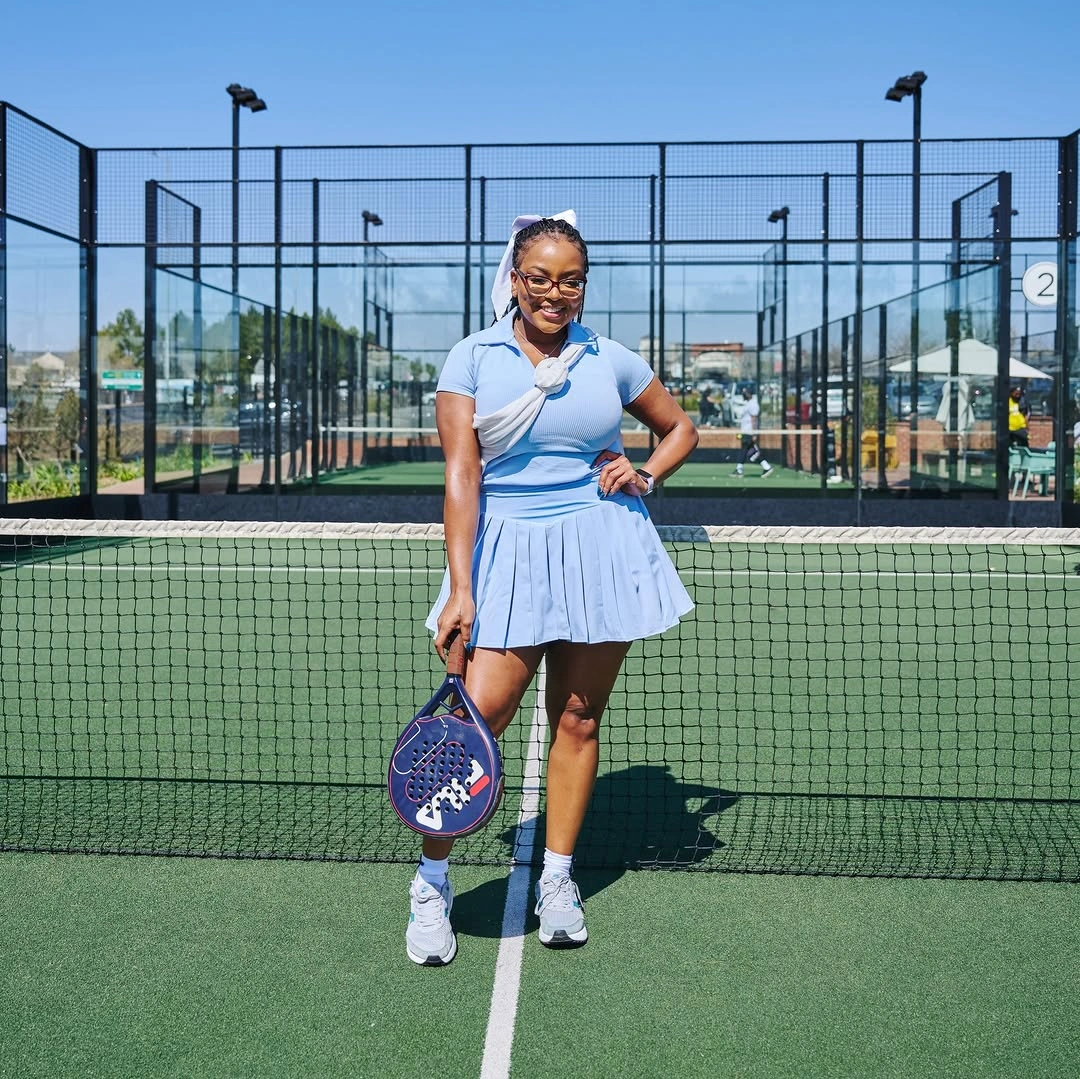 Pale blue polo skirt set with white diagonal wrap