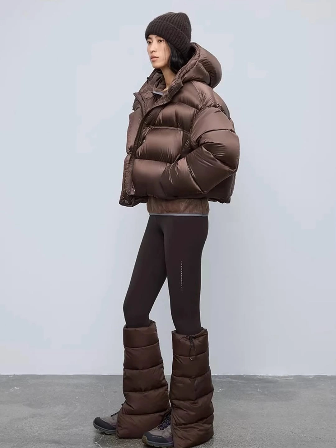 Chocolate brown cropped puffer with padded leg warmers and beanie