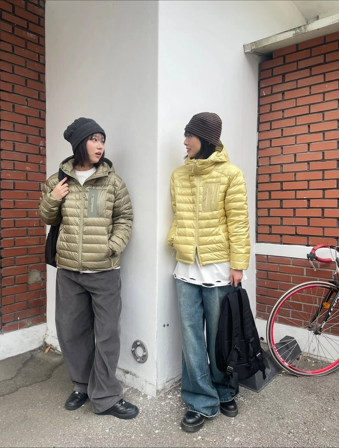 Olive and yellow quilted jackets with wide pants and jeans