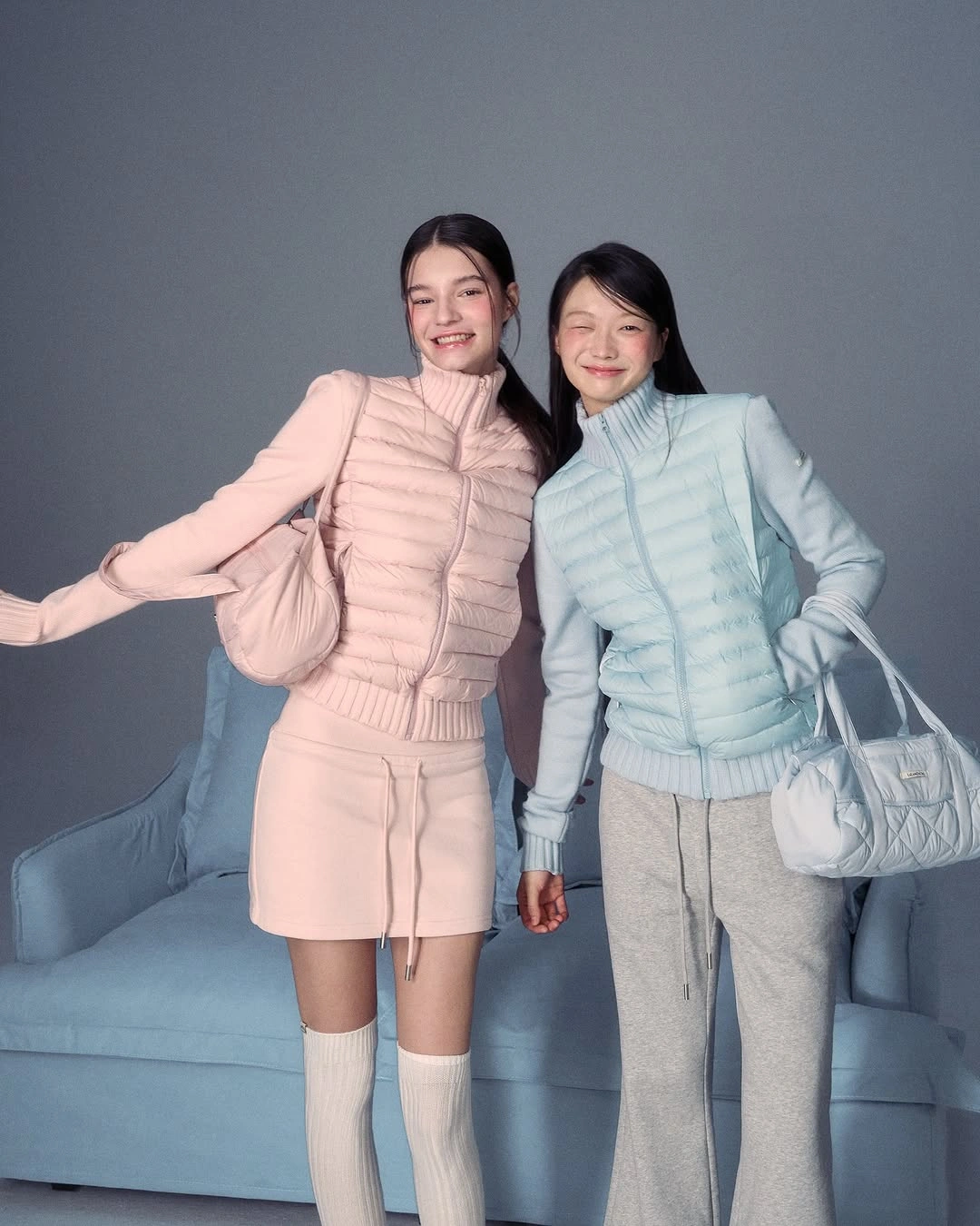 Pink padded vest and pale blue quilted jacket outfits