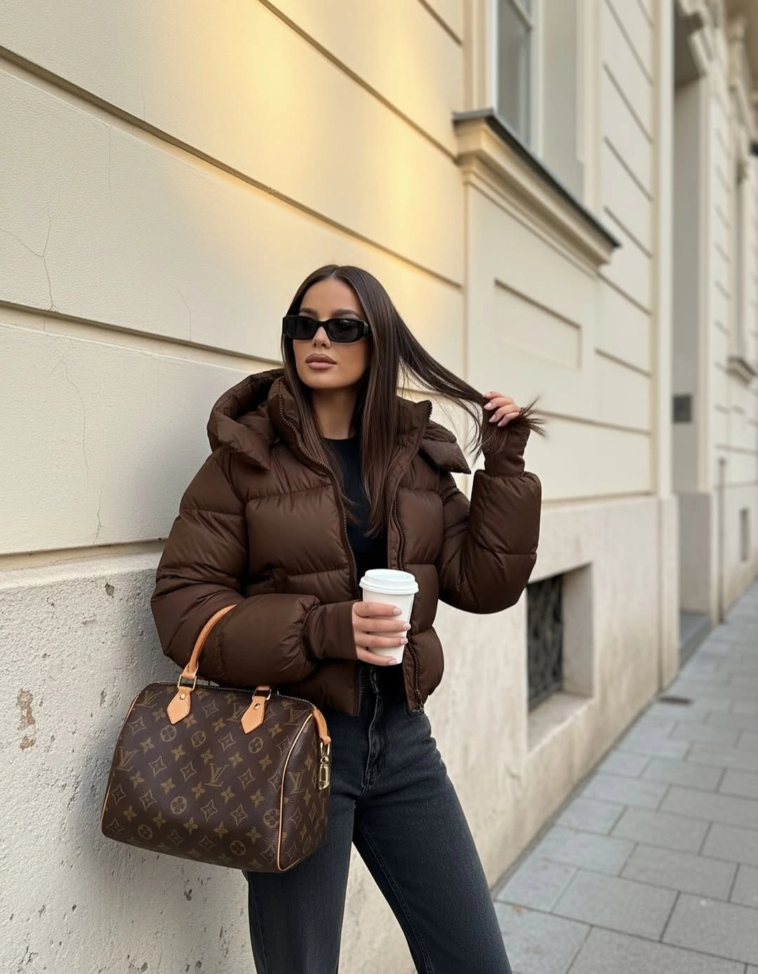 Chocolate cropped puffer with dark jeans and patterned bag
