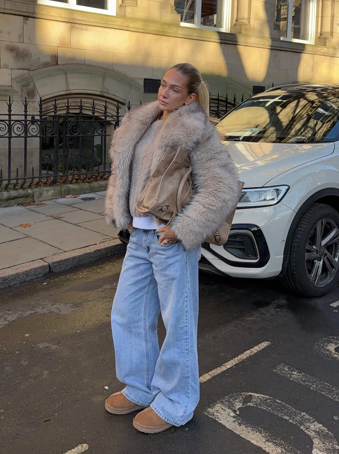 Taupe shaggy-collar jacket with pale wide jeans and tan boots