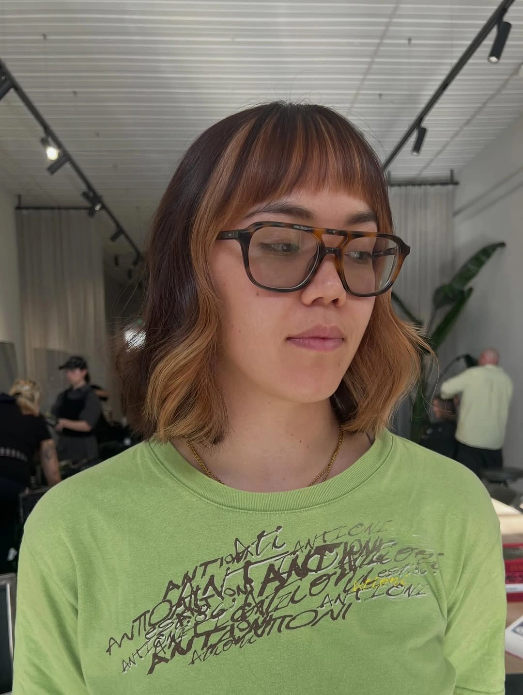 Short blunt brown bob with caramel copper ends