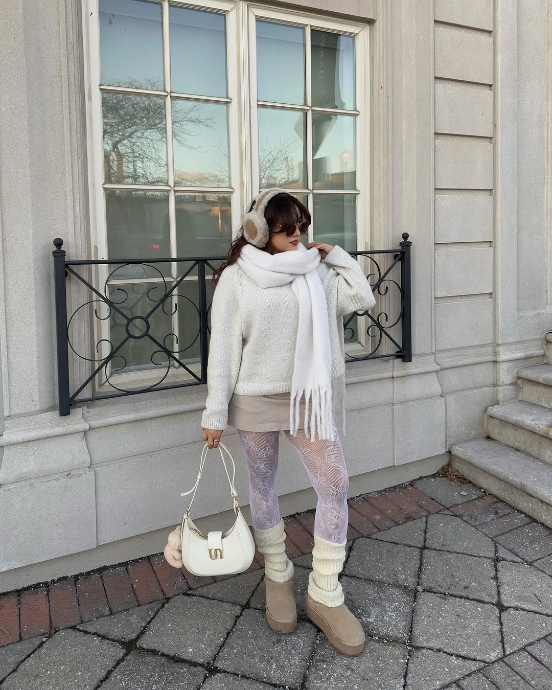 White scarf and sweater with blush leg layer