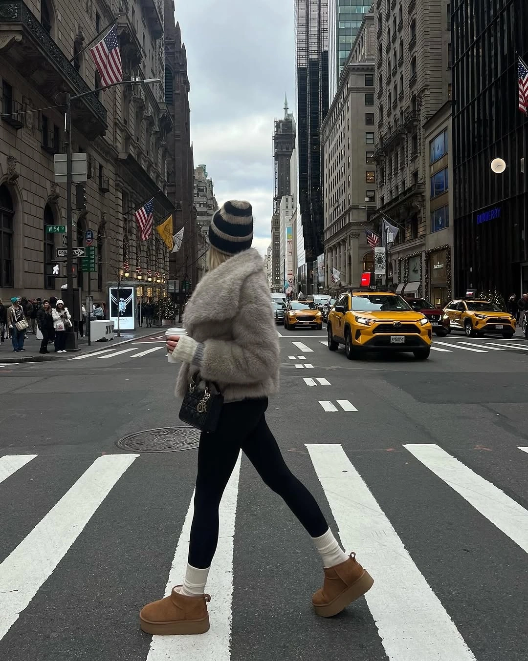 Cropped fuzzy jacket with leggings, beanie and tan platform boots