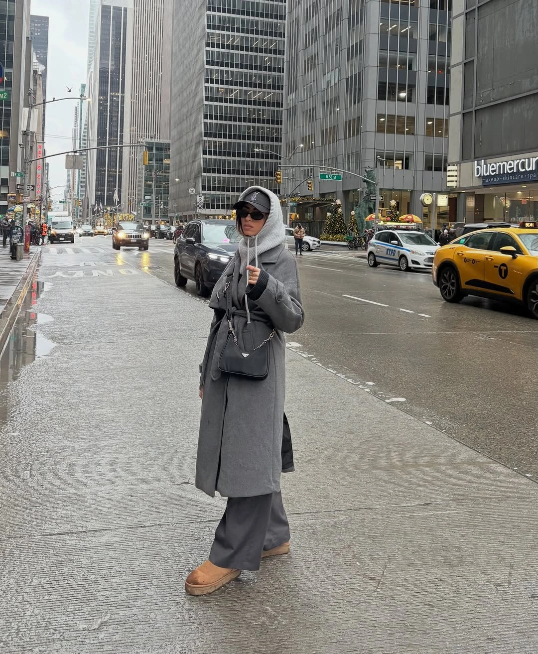 Gray hooded coat with wide trousers and tan platform boots
