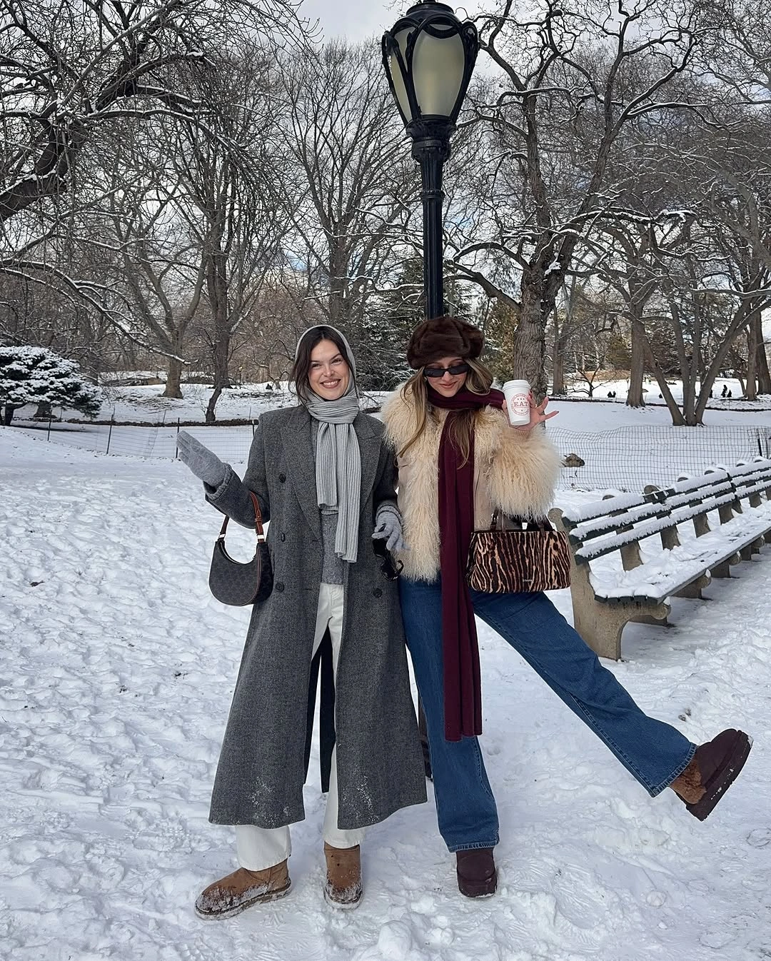 Gray coat outfit and cream shaggy jacket outfit in snow